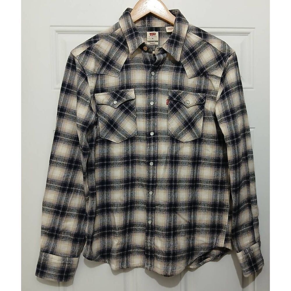 Levis mens medium pearl snap warm winter cold gear shirt beige black plaid